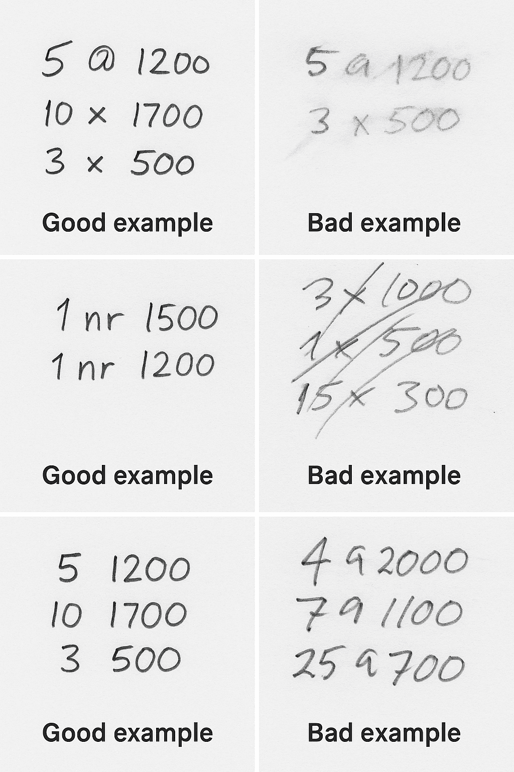 Examples of good and bad handwritten cut lists